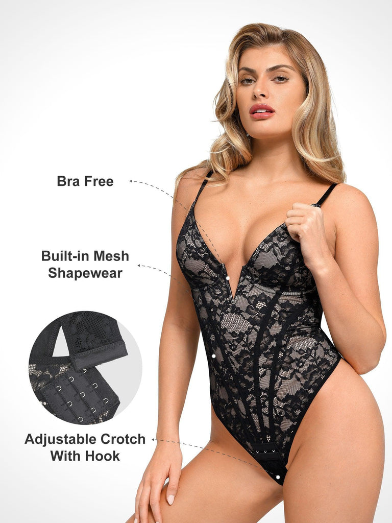 Lace Shapewear Bodysuit for Women Tummy Control Backless Body Shaper V-neck  Sexy Lingerie Lace Briefer 