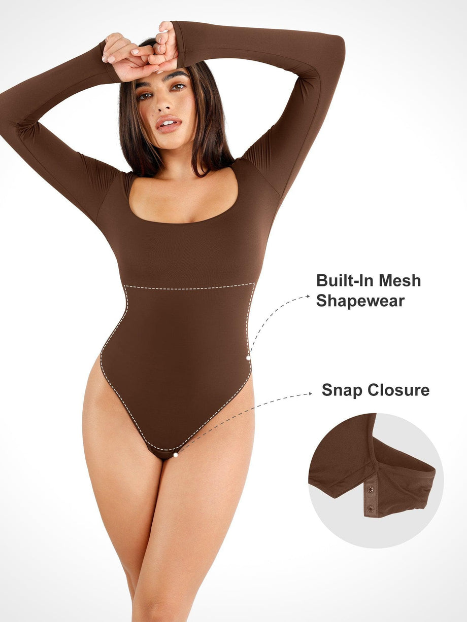 Square neck bodysuit dark brown  Trendy Bodysuits - Lush Fashion
