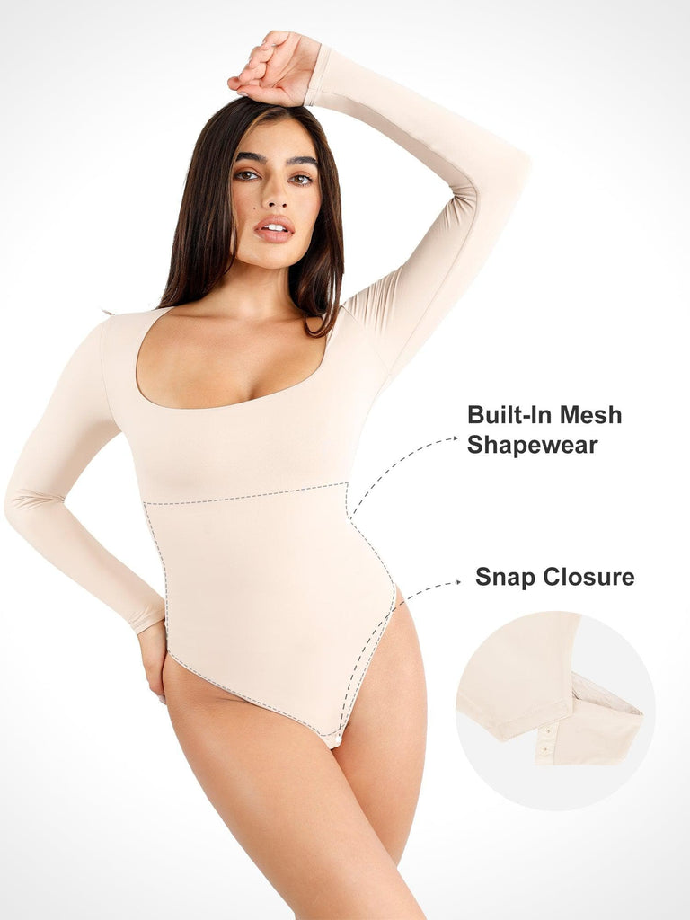 Long Sleeves U Shape Under Bust Full Body Coverage Slimming Bodysuit–  Curvypower