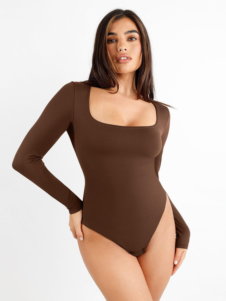 Shapewear Bodysuit for Women Solid Color Long Sleeve Jumpsuit Thong  Seamless Soft V Neck Jumpsuits Tops 