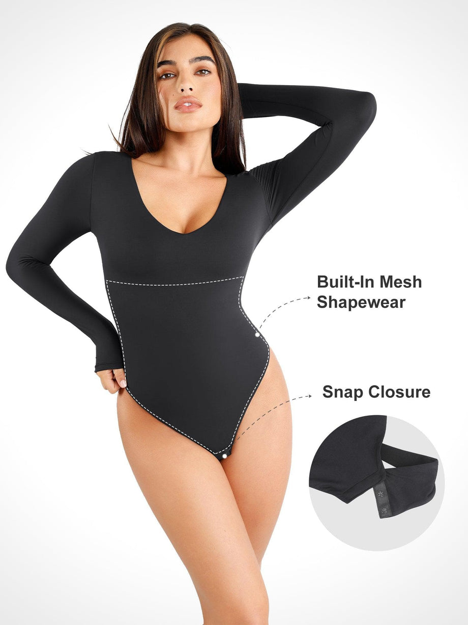 Women's Sexy Deep V Neck Long Sleeve Bodysuit Body Shaper with