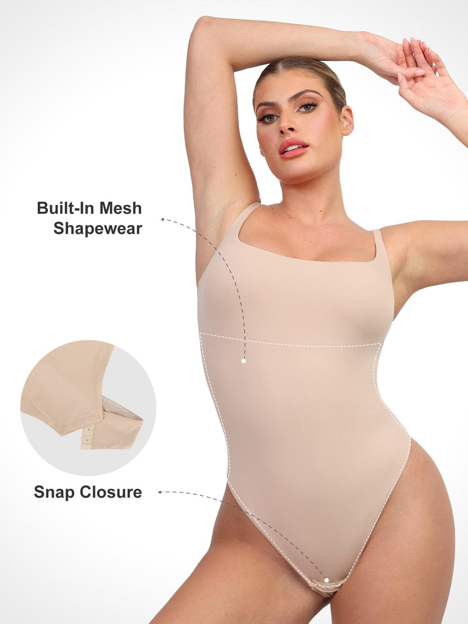 Women Shaping Bodysuit Soft High Cut Long Sleeve Cutout Tank Thong