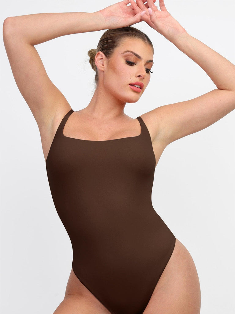 BYOIMUD Women's Strappy Shapewear Bodysuit Reduced Seamless Bodysuit with  Built in Bra Sheer Bodycon Solid Color Sleeveless Deep Boat Neck Trendy  Stuff Plus Size Tops for Ladies Brown XXXL 