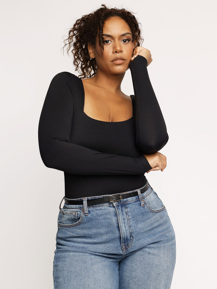 Popilush On Sale Contour Long Sleeve Square Neck Bodysuit