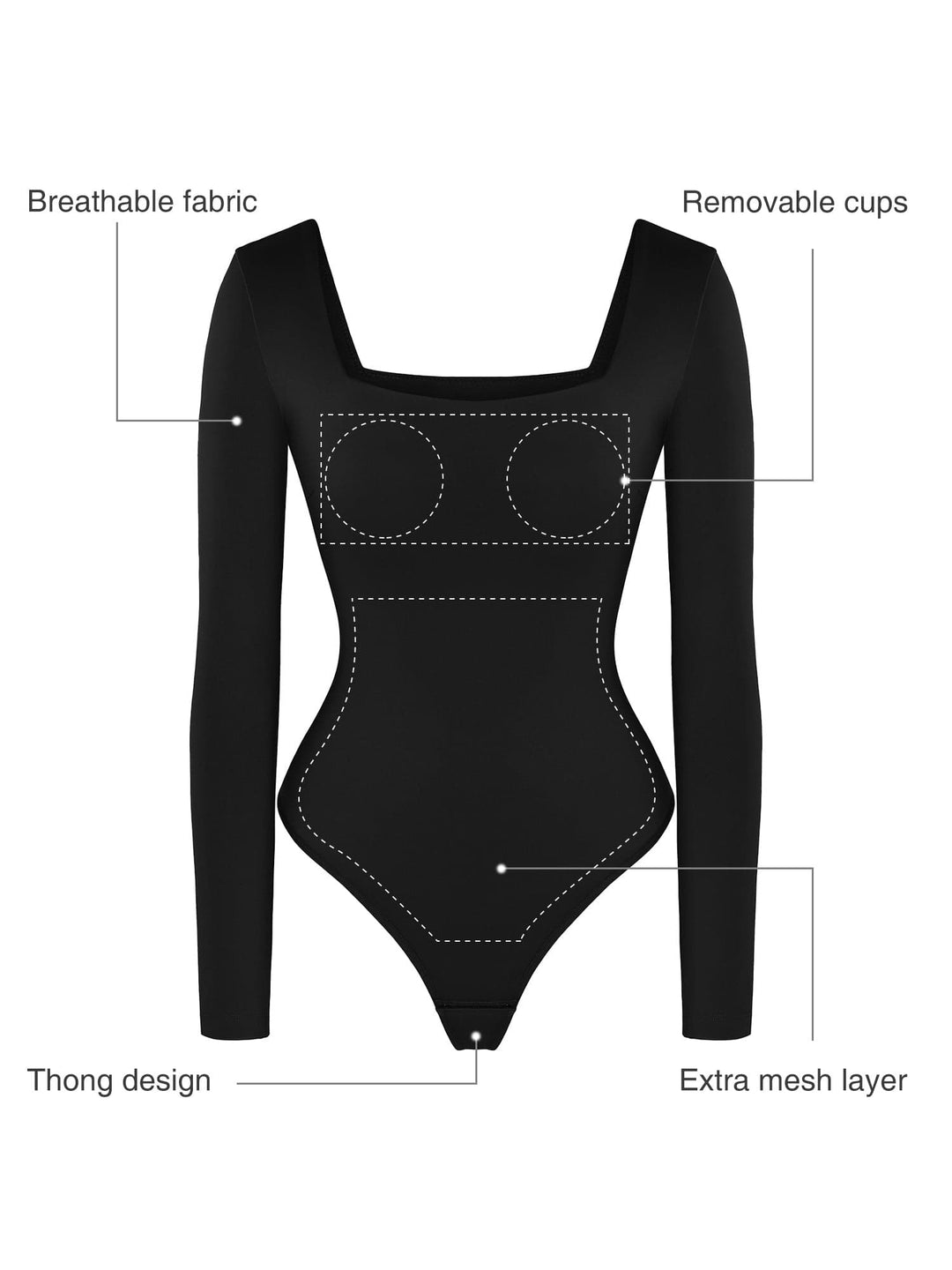 Popilush On Sale Contour Long Sleeve Square Neck Bodysuit