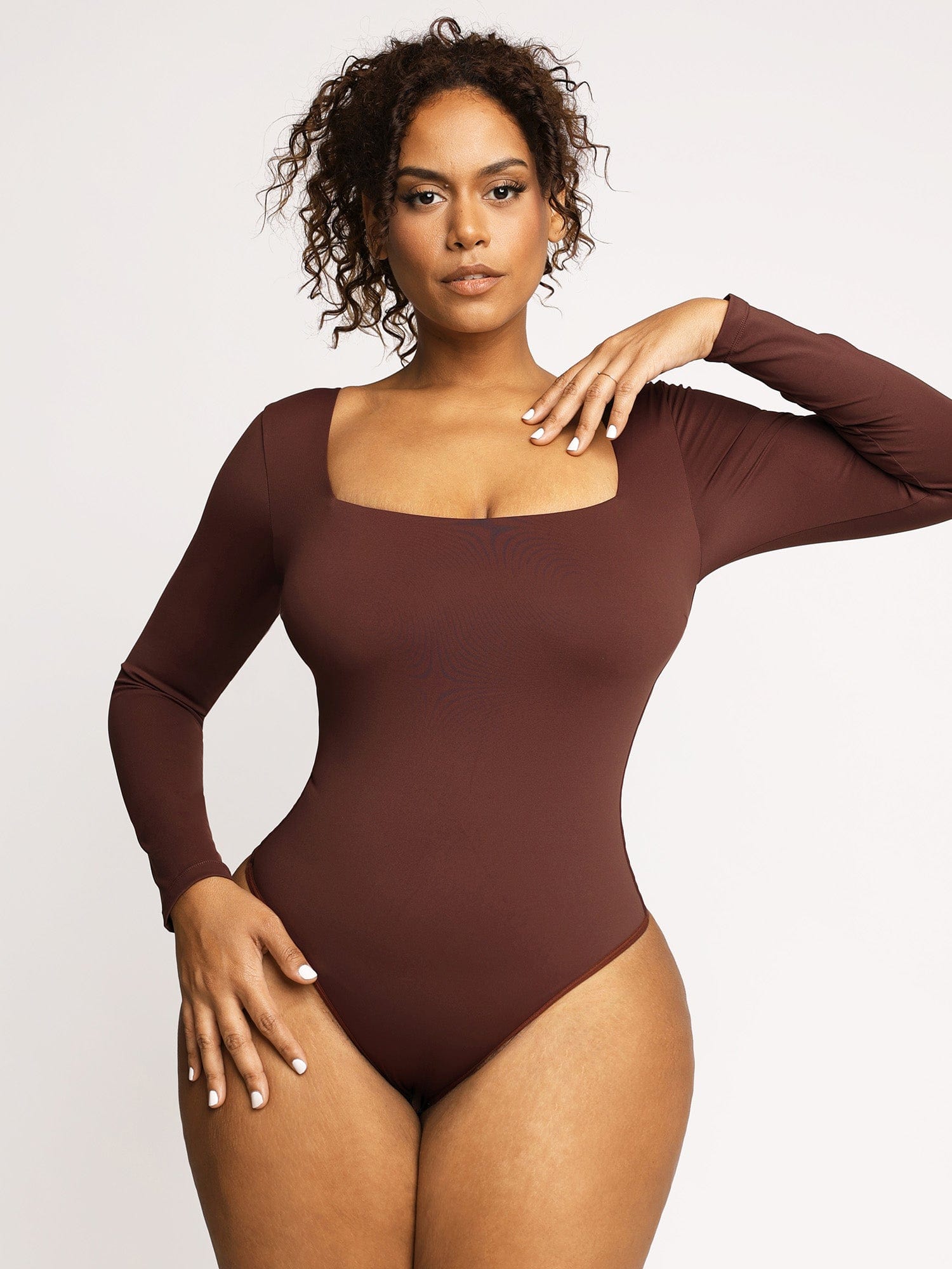  Womens Square Neck Long Sleeve Bodysuit Sexy Body Suit Tops  Double Lined Brown S