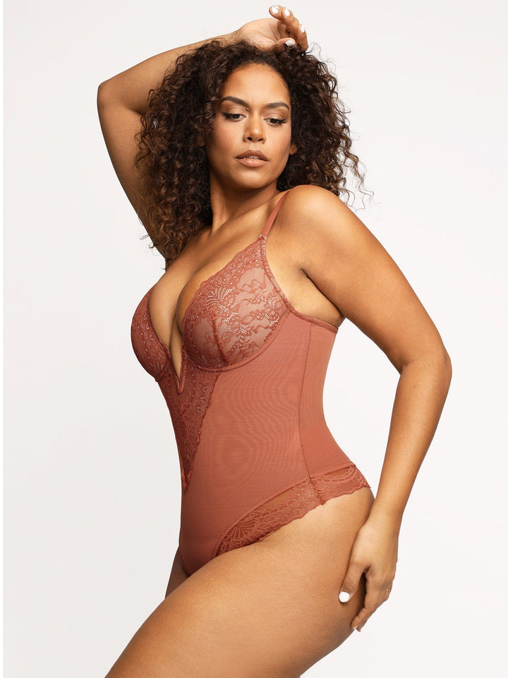 Popilush Deep-V Neck Lace Thong Bodysuit