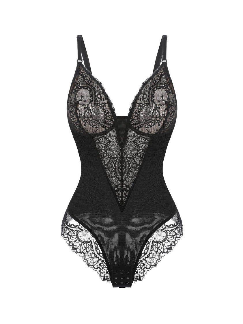 Deep-V Neck Lace Thong Bodysuit | Popilush