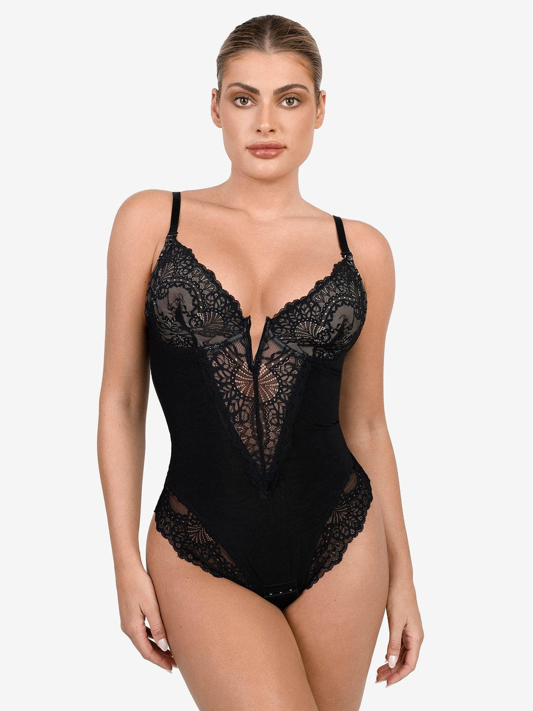 Popilush Tops Body Shaper Jumpsuit Black / S(XS-S) Deep-V Neck Lace Thong Bodysuit