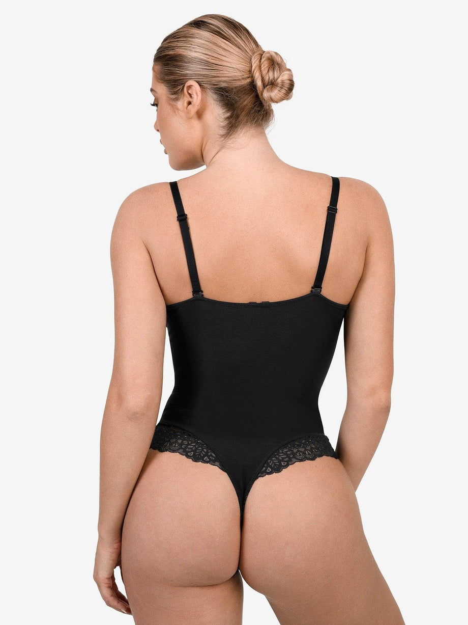 Deep-V Neck Lace Thong Bodysuit – Ribey