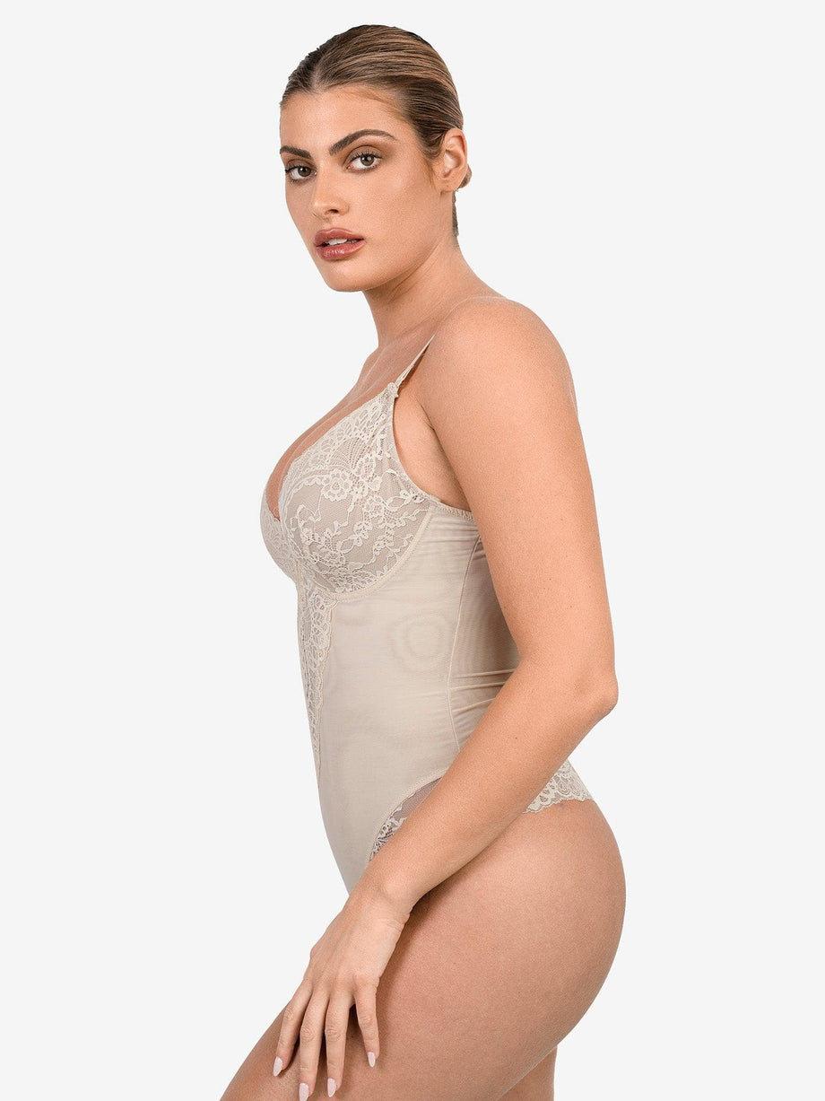 GOYMFK Women Sexy V Neck Lace Bodysuit Tummy Control Thong