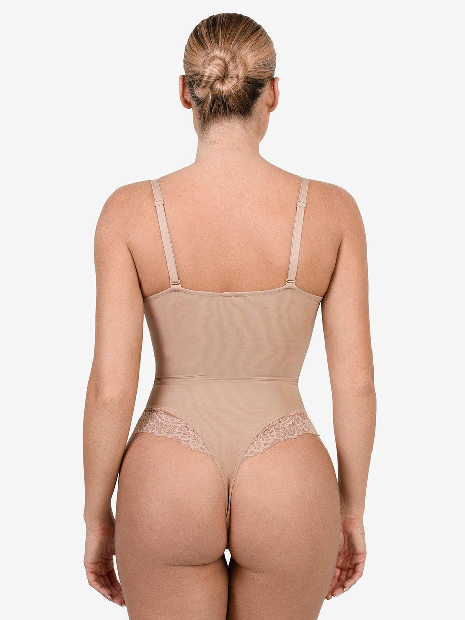 May&Maya Women's Deep Plunge V-Neckline Lace Bodysuit (XS, White