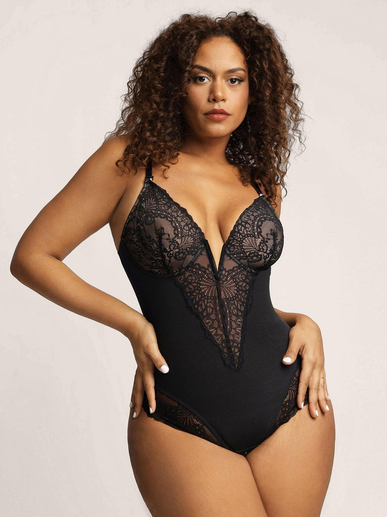 Mapale V Neck Lace Plus Size Bodysuit In Stock At UK Tights