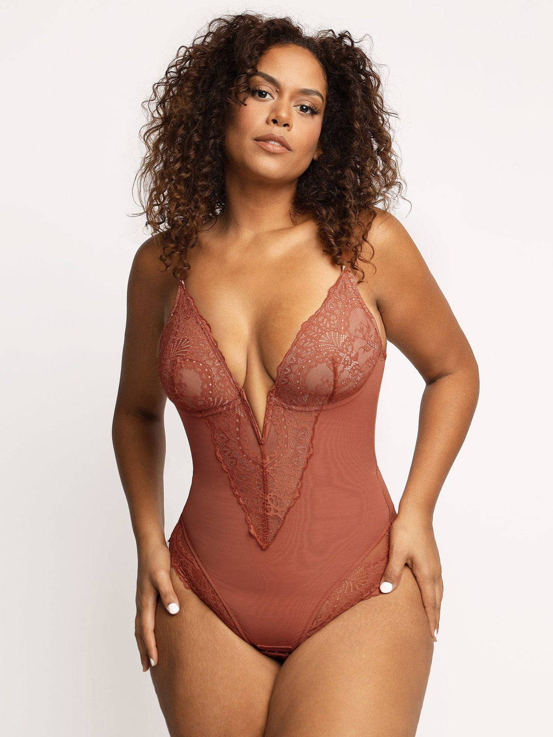 Popilush Chocolate / S Deep-V Neck Lace Thong Bodysuit