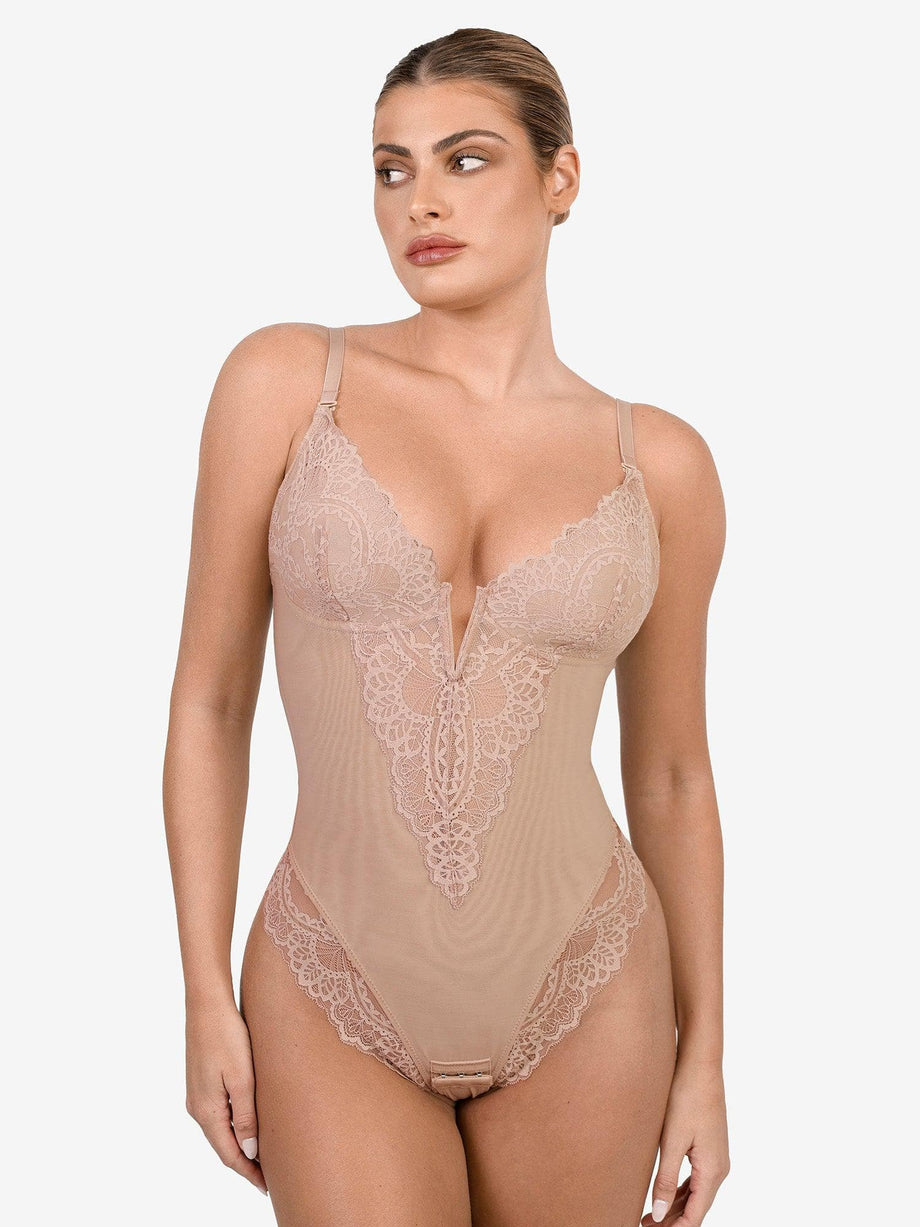 Spaghetti Strap V-Neck Sexy Lace Bodysuit in White Full Nude
