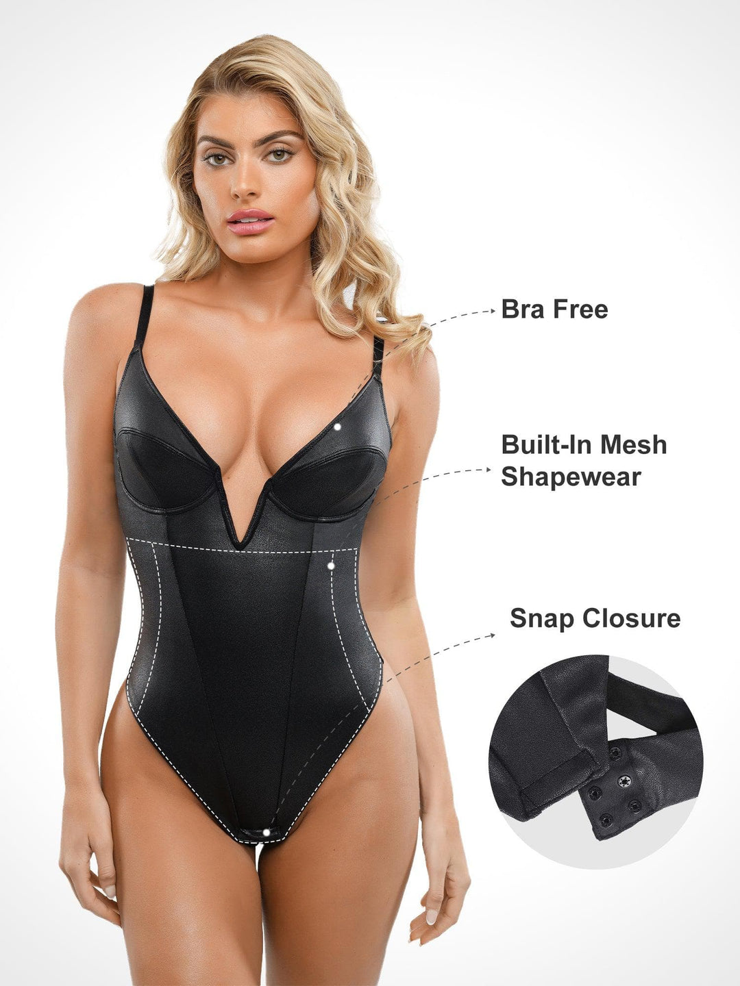 Popilush® Tops Body Shaper Tank Deep V-Neck Leather Shapewear Thong Bodysuit