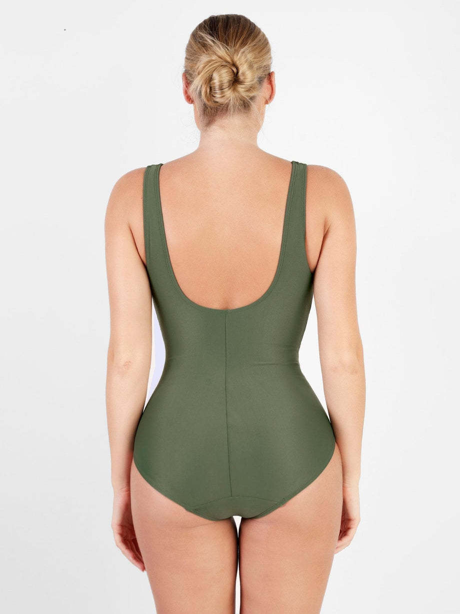 QLEICOM Womens Swimsuits Tummy Control Plus Size Swimsuit Coverup Sexy With  Chest Pad Without Underwire Solid Deep V One-Piece Swimsuit Army Green XL 