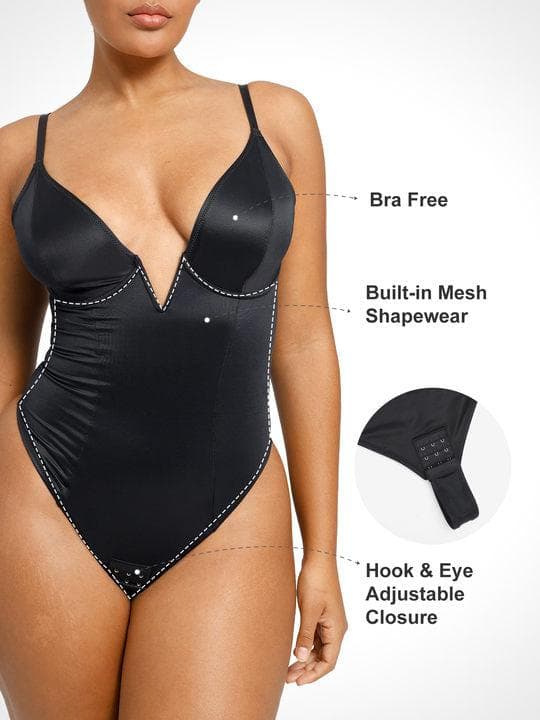 Popilush Faux Leather Deep V Bodysuits for Women Tummy Control Shapewear  Bodysuit Thong Body Suits Sleeveless Sculpting Body Shaper Black Leotard at   Women's Clothing store