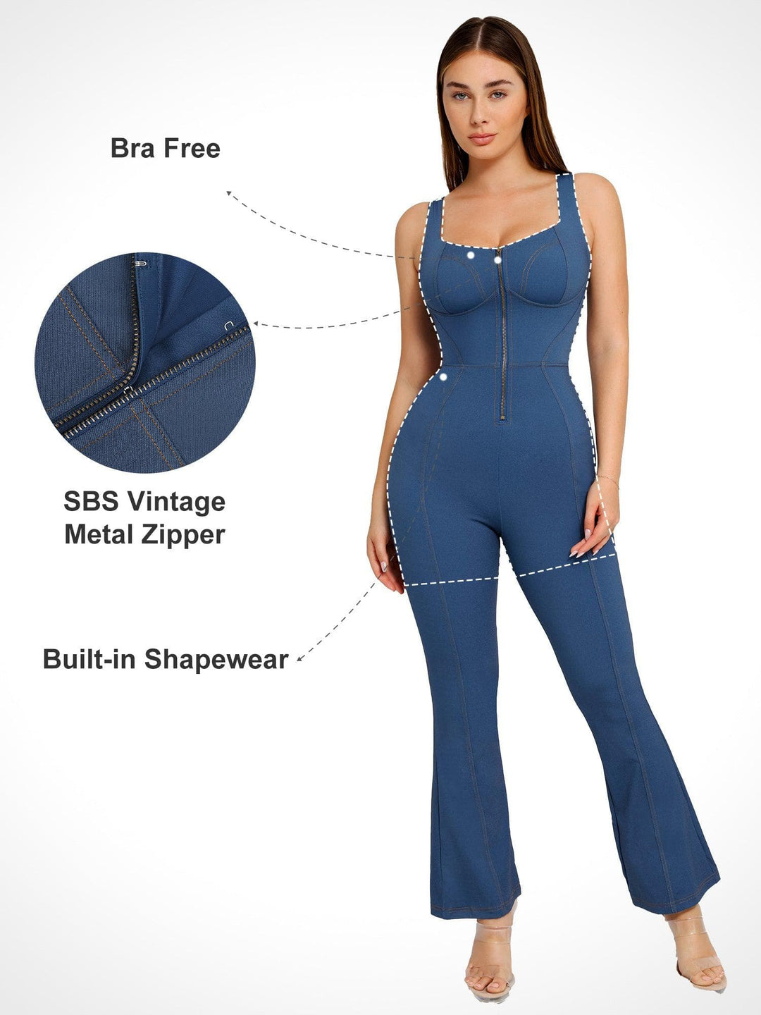 Popilush® Denim Casual Jumpsuit Denim Square Neck Tank Top Flare Jumpsuit