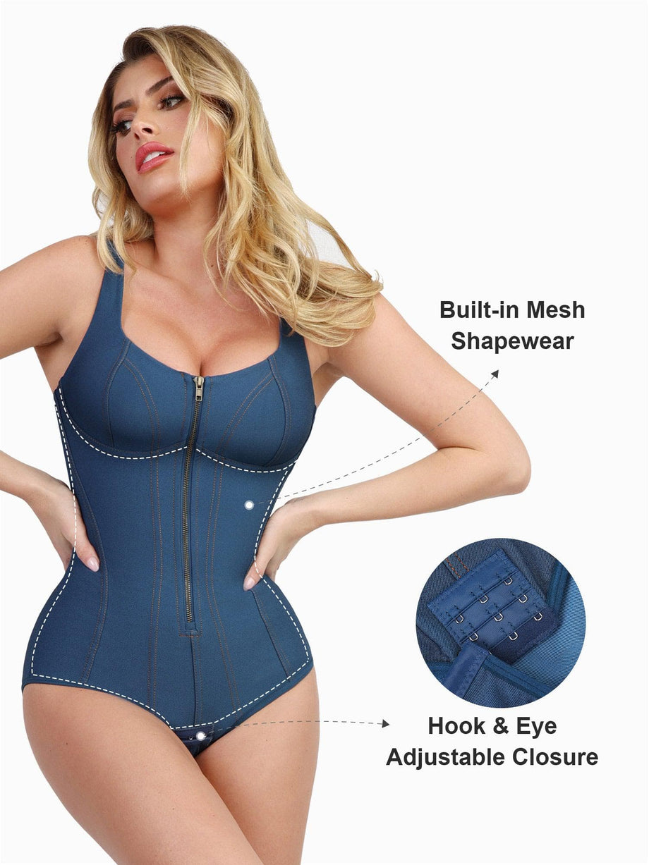 Women Off Shoulder Denim Shapewear Zipper Built-in Bra Body Shaper Tummy  Tucking Sexy Going Out Tank Top, Blue, X-Small : : Clothing, Shoes  & Accessories
