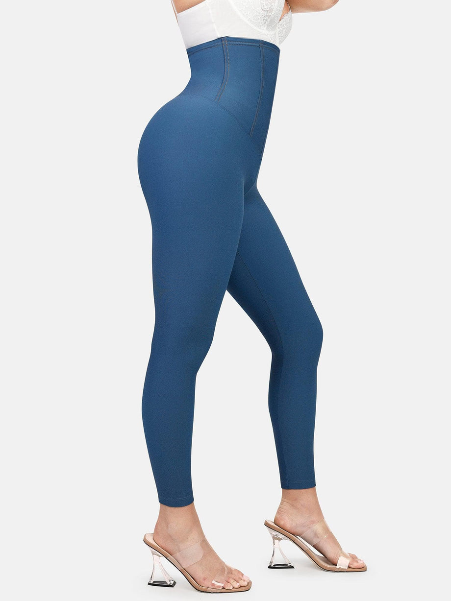 Women Waist Trainer Tummy Control Yoga Pants with Pockets Body Shaper Sexy  3-hook High Waist Leather Shapewear Slimming Leggings