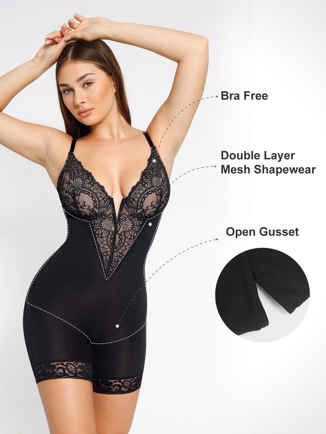 Popilush® Tops Body Shaper Jumpsuit Lace Deep-V Neck Bodysuits Or Leather Skirt