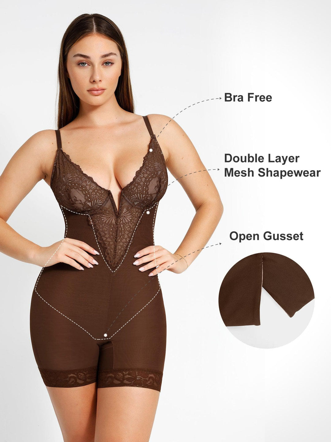 Popilush® Tops Body Shaper Jumpsuit Sexy Lace Deep-V Neck Bodysuits Or Leather Skirt