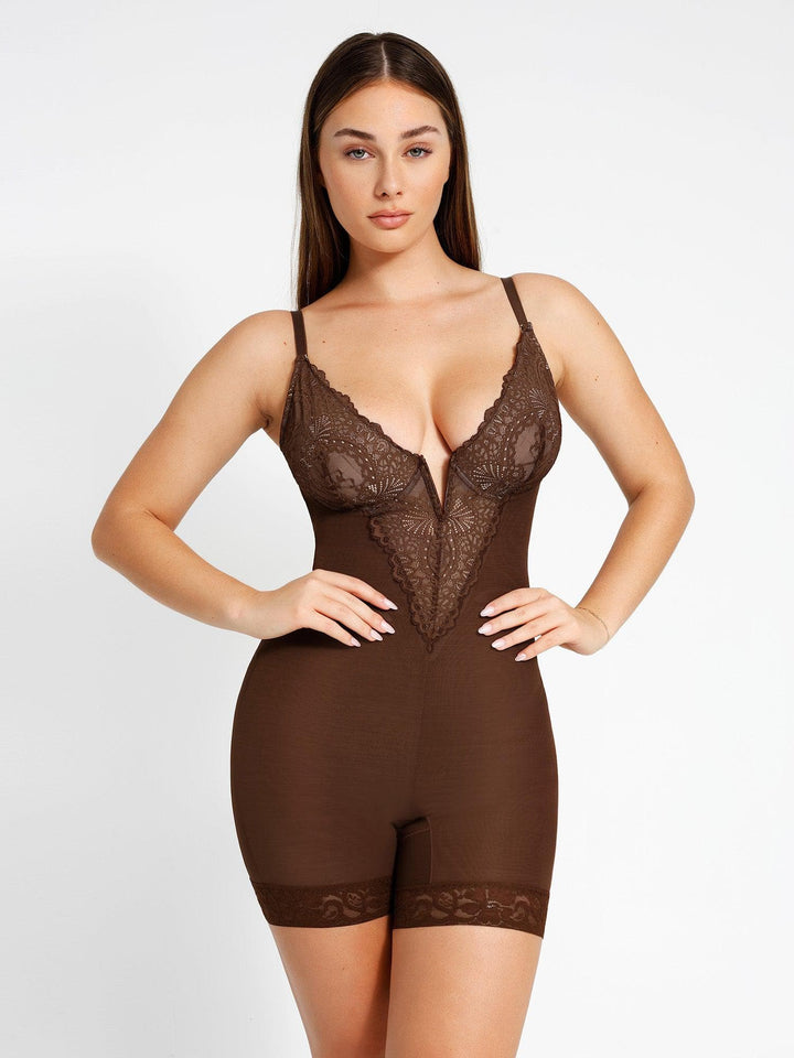 Popilush® Tops Body Shaper Jumpsuit Sexy Lace Deep-V Neck Bodysuits Or Leather Skirt