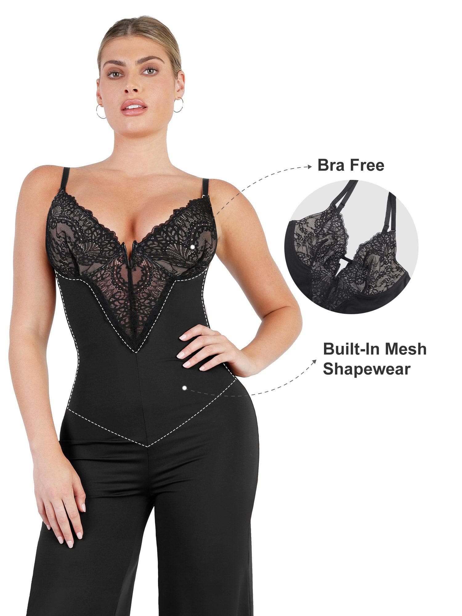 Women's Lace Flower Deep V-Neck Silk Smooth Shapewear Bodysuit For Slimming  Waist And Lifting Hips, Suitable For Wearing As Inner And Outer Clothing