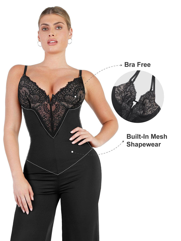 Popilush® Casual Jumpsuit Lace Deep V-Neck Wide-Leg Shapewear Slip Jumpsuit