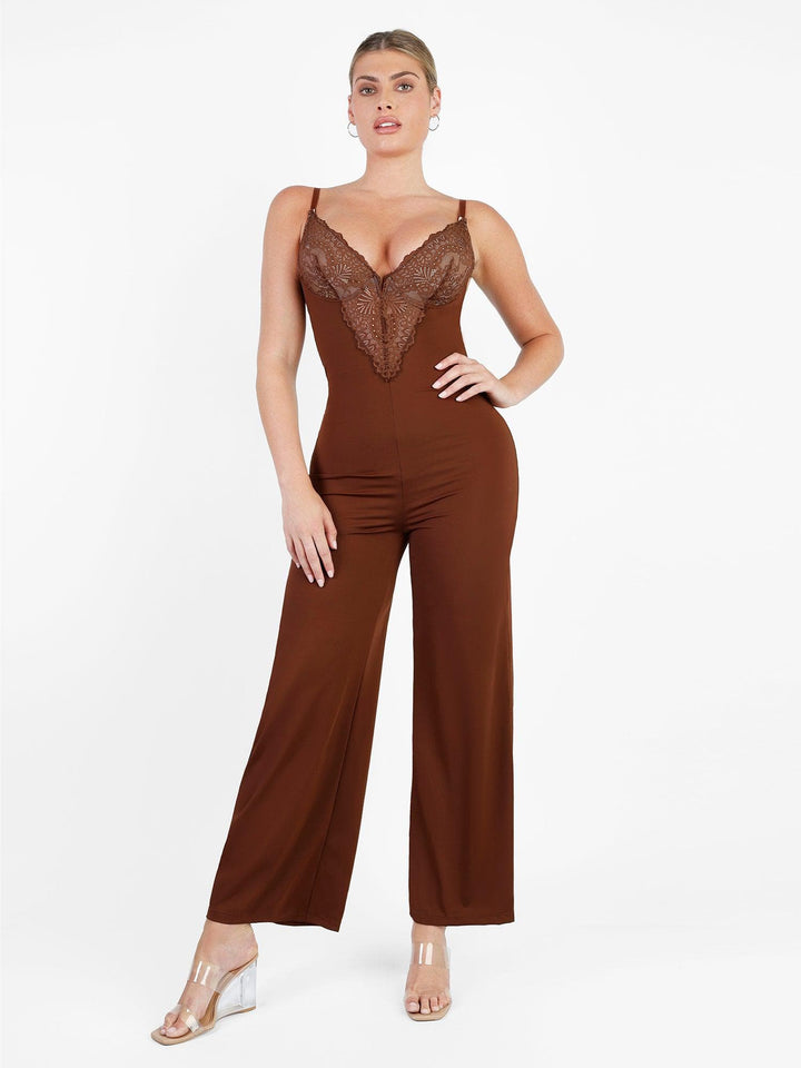 Popilush® Casual Jumpsuit Brown / S Lace Deep V-Neck Wide-Leg Shapewear Slip Jumpsuit