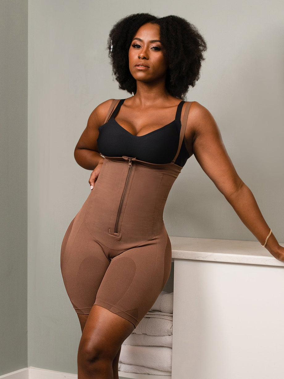Women Shapewear Tummy Control Full Bust Body Shaper Bodysuit Brown Size XL