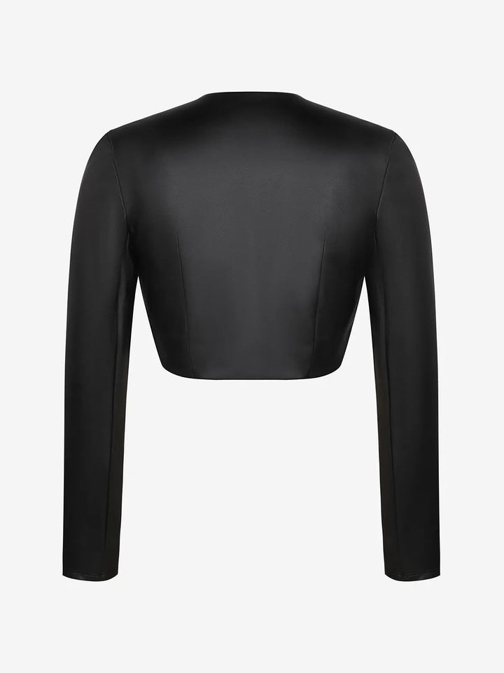 Popilush® Open Front Cropped Cardigan Long Sleeve Faux Leather Bolero Jacket