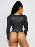 Popilush® Long Sleeve Faux Leather V-Neck Bodysuit