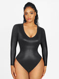 Popilush® Long Sleeve Faux Leather V-Neck Bodysuit