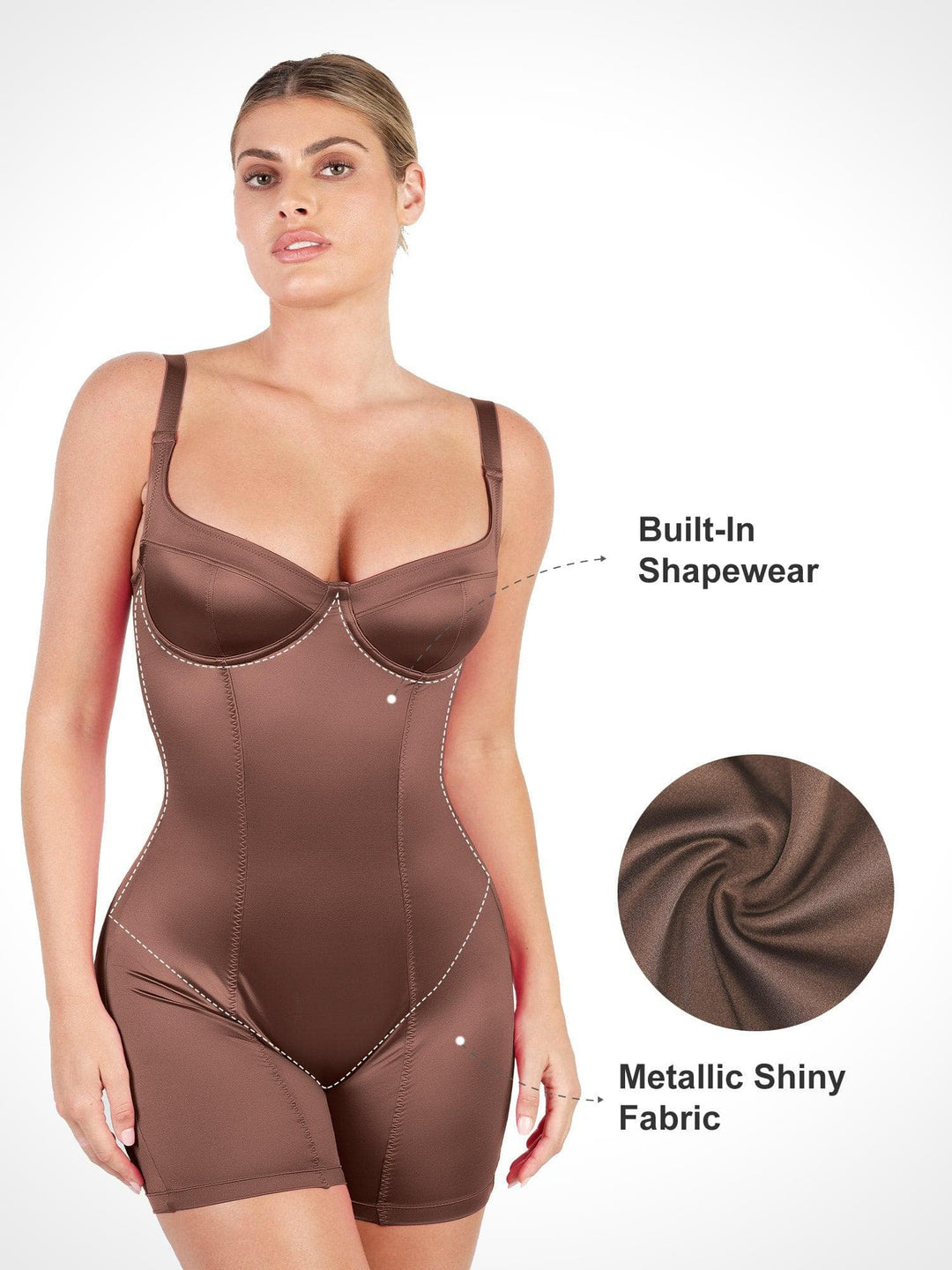 Popilush® Casual Jumpsuit Tummy Control Metallic Shiny One Piece Shapewear Mid Thigh Romper