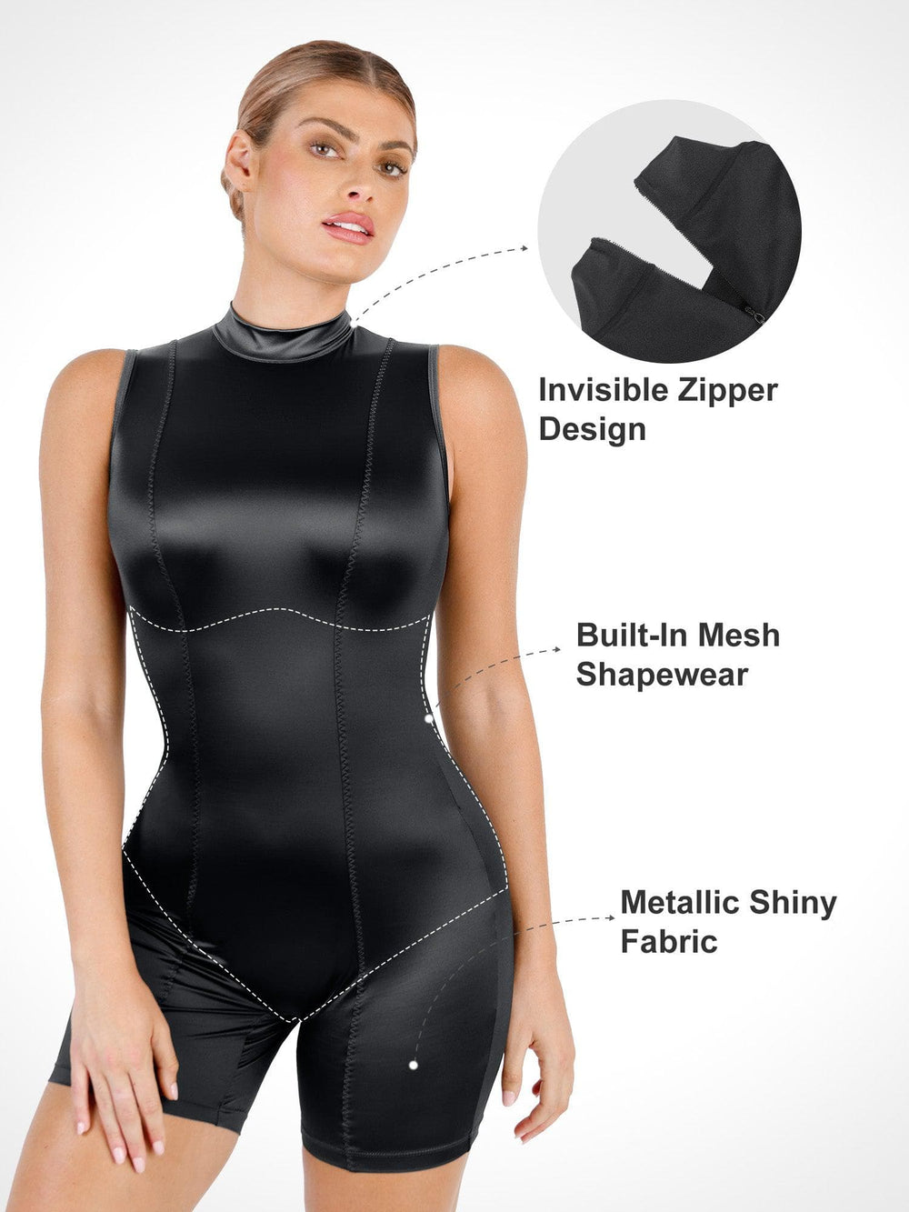 Popilush® Metallic Shiny One Piece Shapewear Mock-Neck Romper