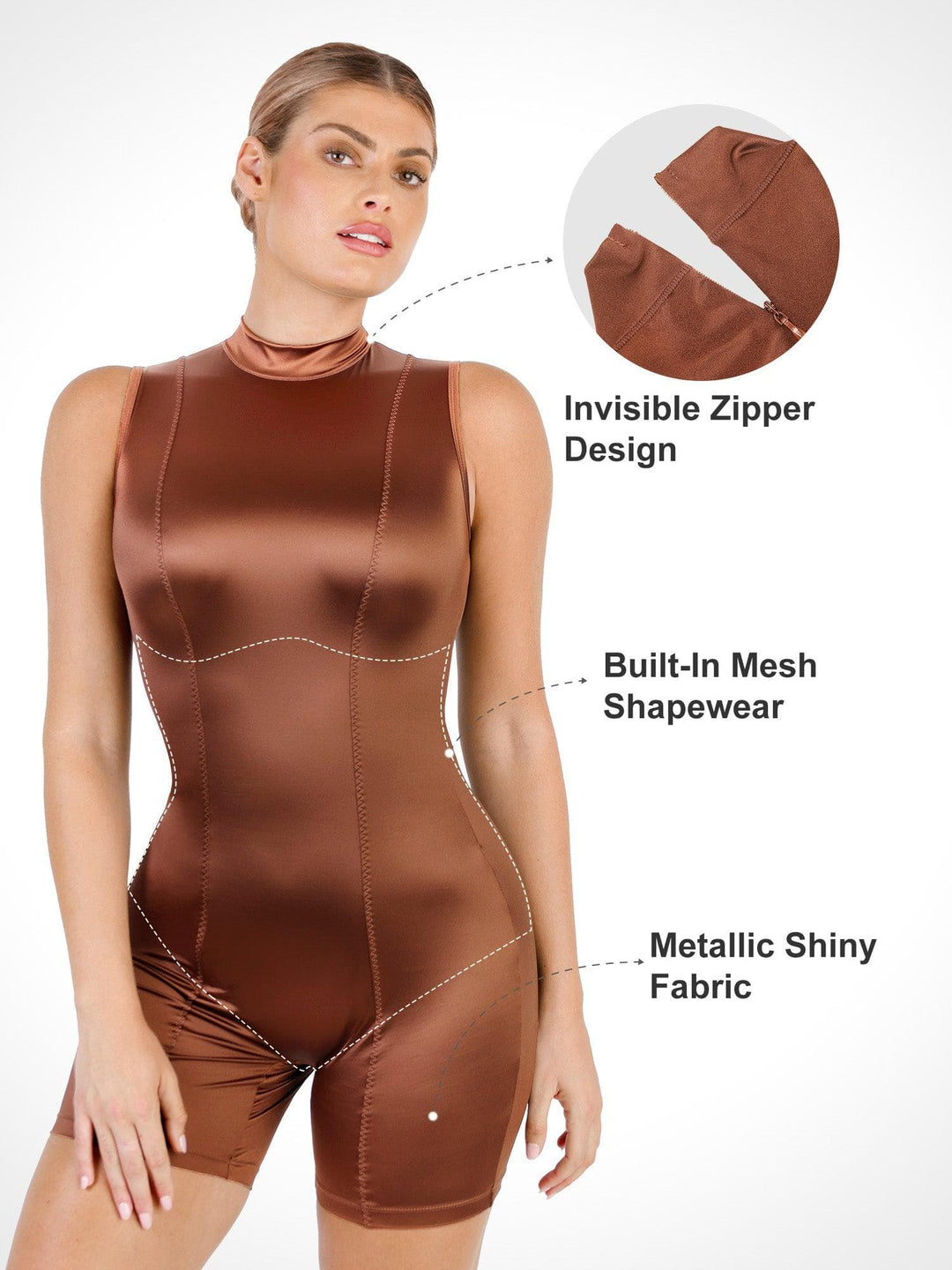 Popilush® Metallic Shiny One Piece Shapewear Mock-Neck Romper