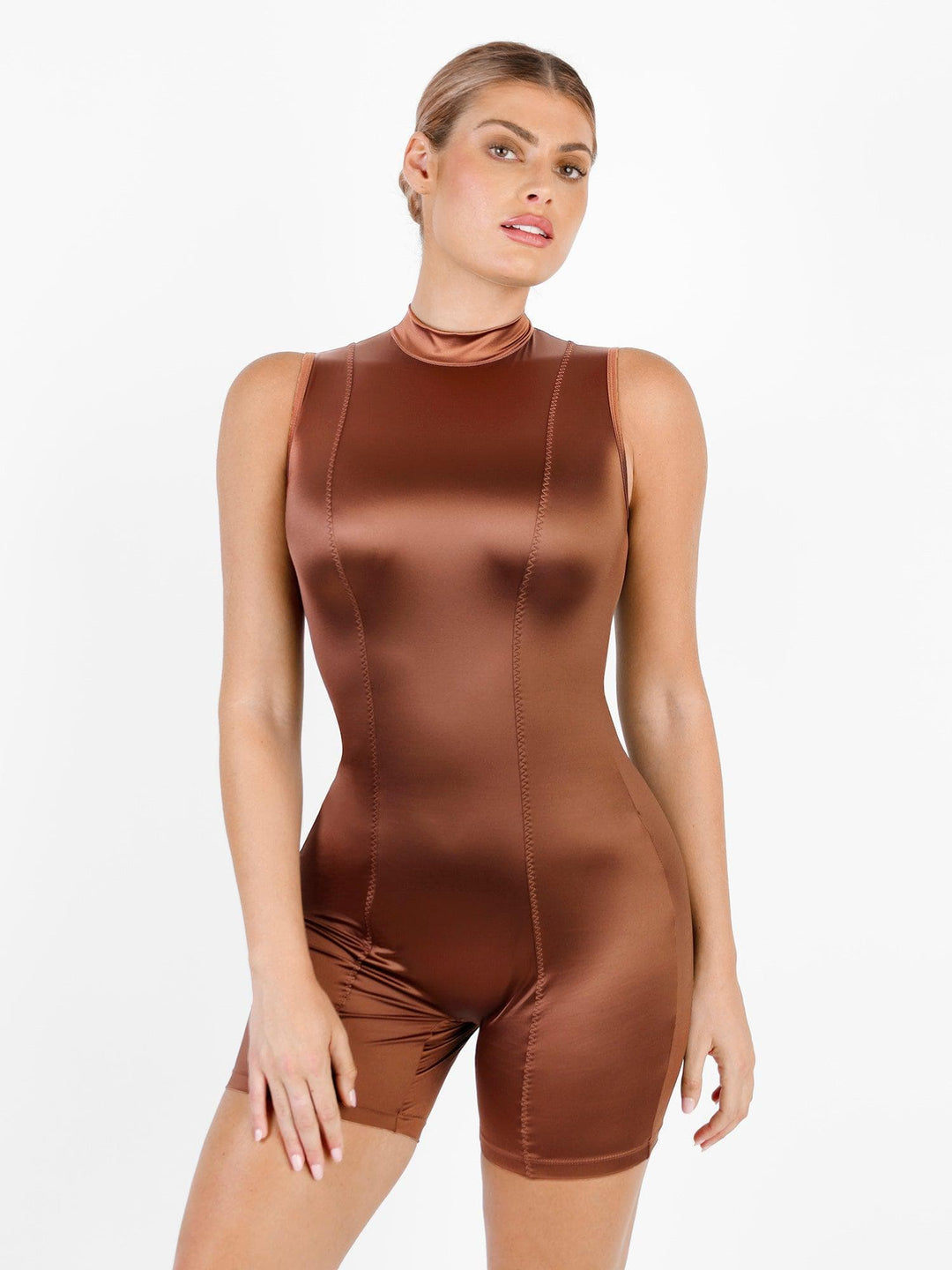 Popilush® Metallic Shiny One Piece Shapewear Mock-Neck Romper