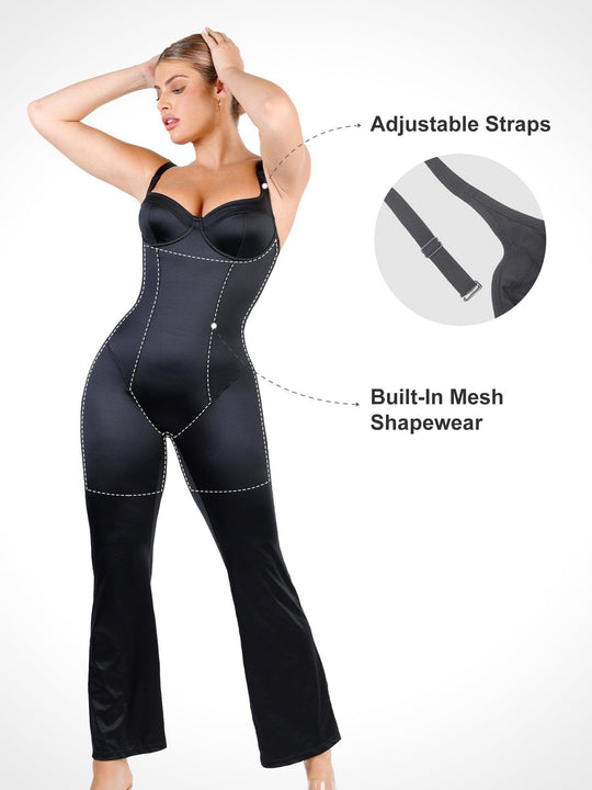 Popilush® Casual Jumpsuit Metallic Shiny One Piece Wide Strap Shapewear Jumpsuit