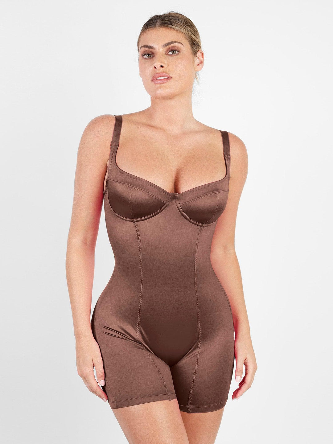 Popilush Shaper & Dress Tummy Control Mid Thigh Romper / Brown / S Metallic Shiny Shapewear Romper Or Dress Or Jumpsuit