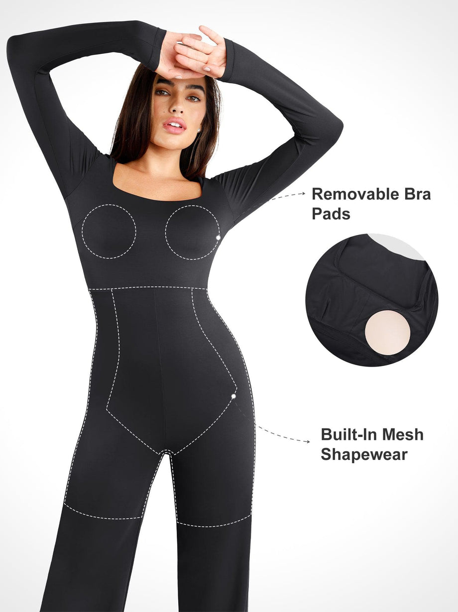 Shapewear Bodysuit For Women Tummy Control Zipper V Neck Long Sleeve  Rompers Catsuit Sport One Piece Jumpsuits For Women White XL