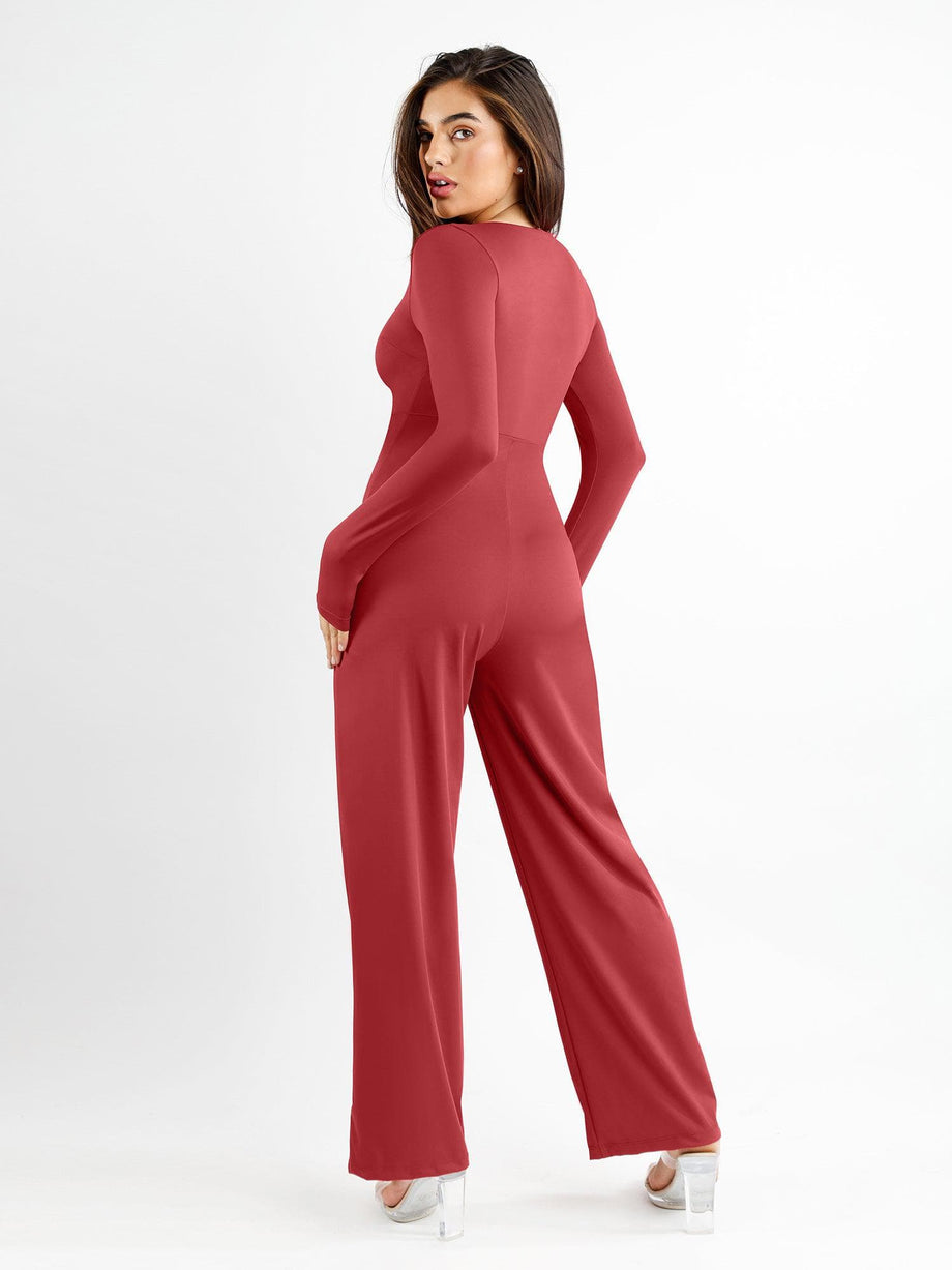 Women High Neck Zipper Ruched Shapewear Bodysuit Long Sleeve Solid Color  Slim Fit Bodycon Jumpsuit Top