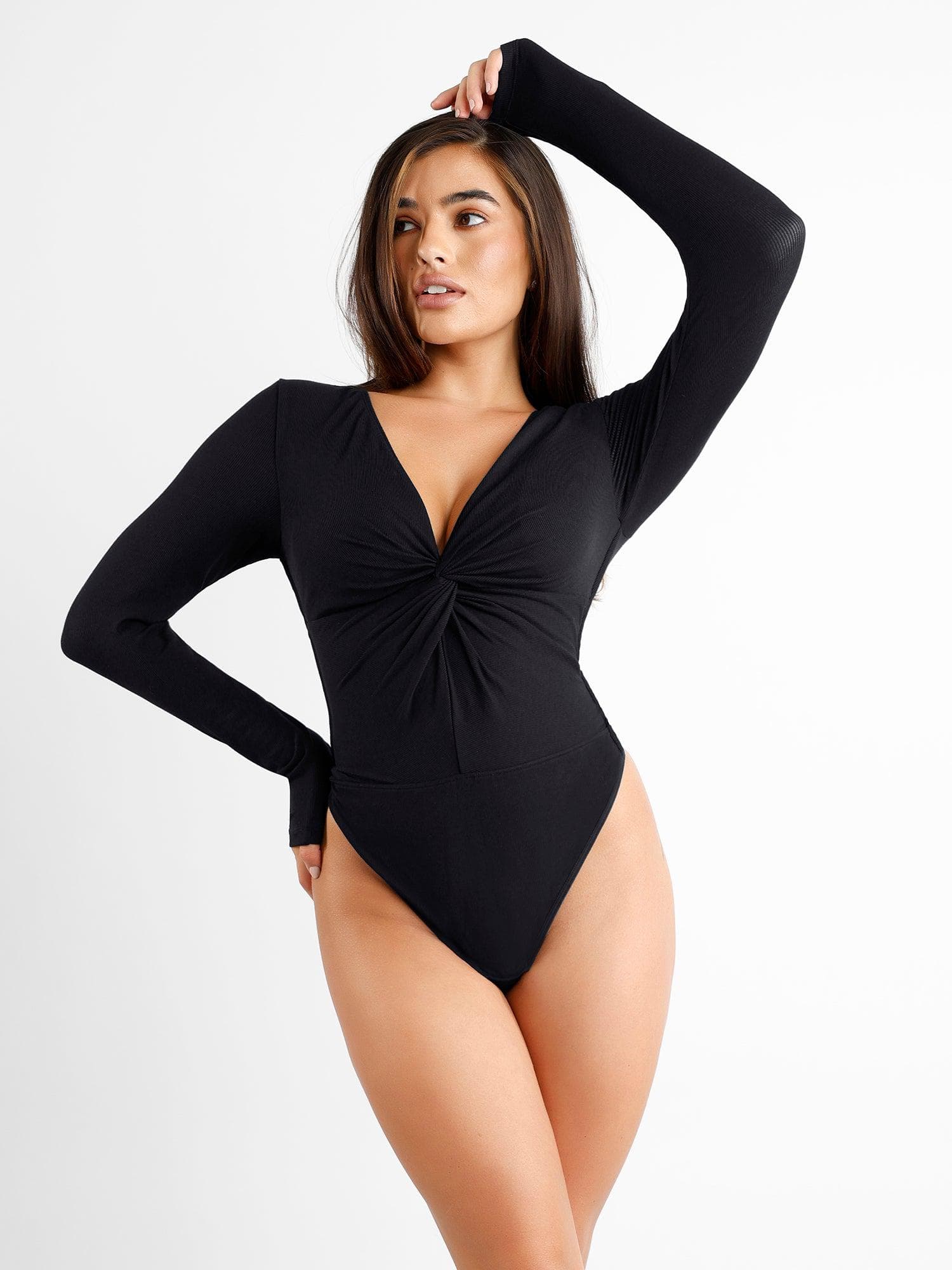Thong Bodysuit for Women, Sexy Cut Out V Neck Long Sleeve Slimming