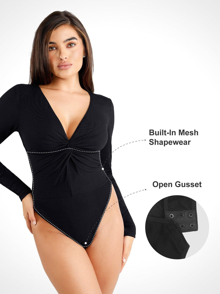 Popilush® Ruched Long Sleeve V-Neck Shapewear Modal Thong Bodysuit