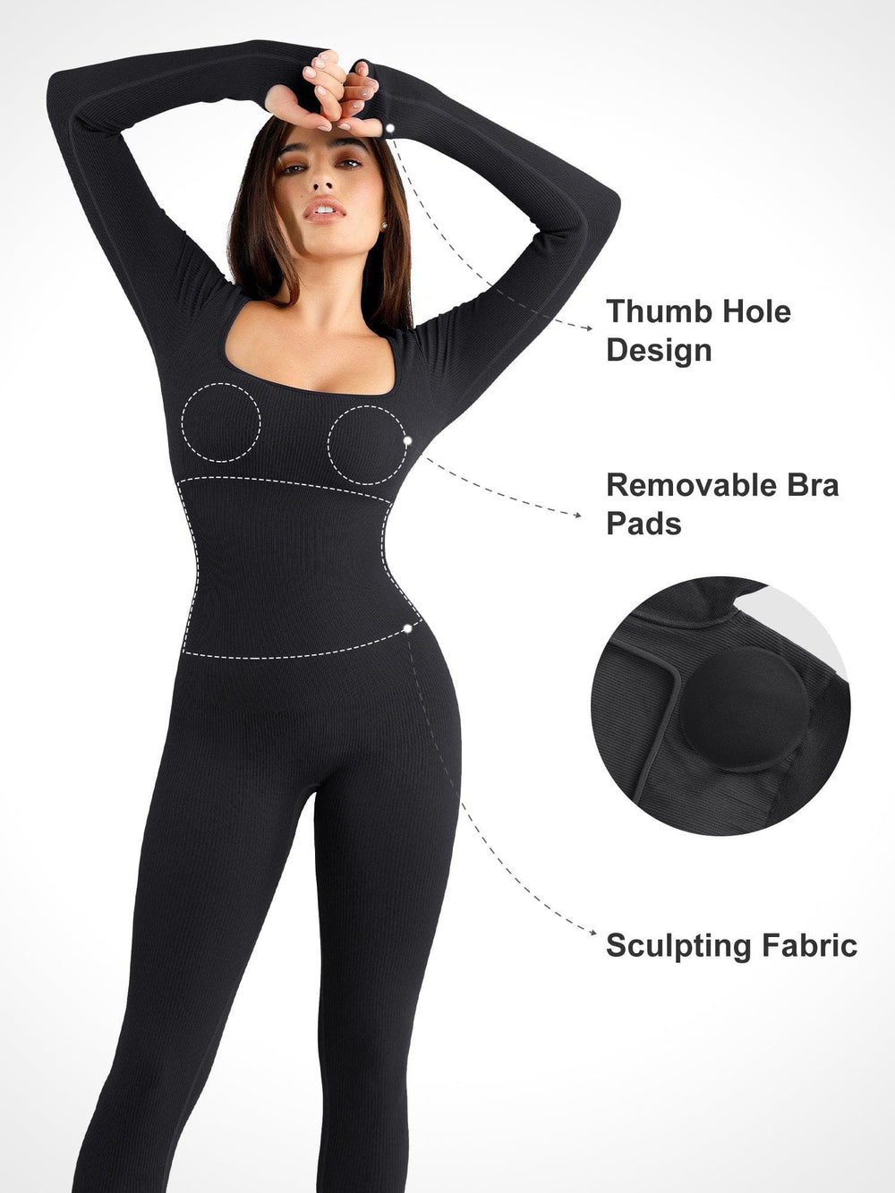 Popilush? Yoga Activewear Jumpsuit Winter Seamless Thumb Hole Square Neck Long Sleeve Jumpsuit