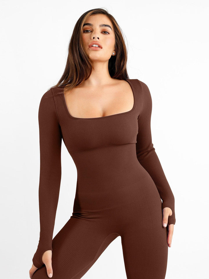 Popilush? Yoga Activewear Jumpsuit Winter Seamless Thumb Hole Square Neck Long Sleeve Jumpsuit