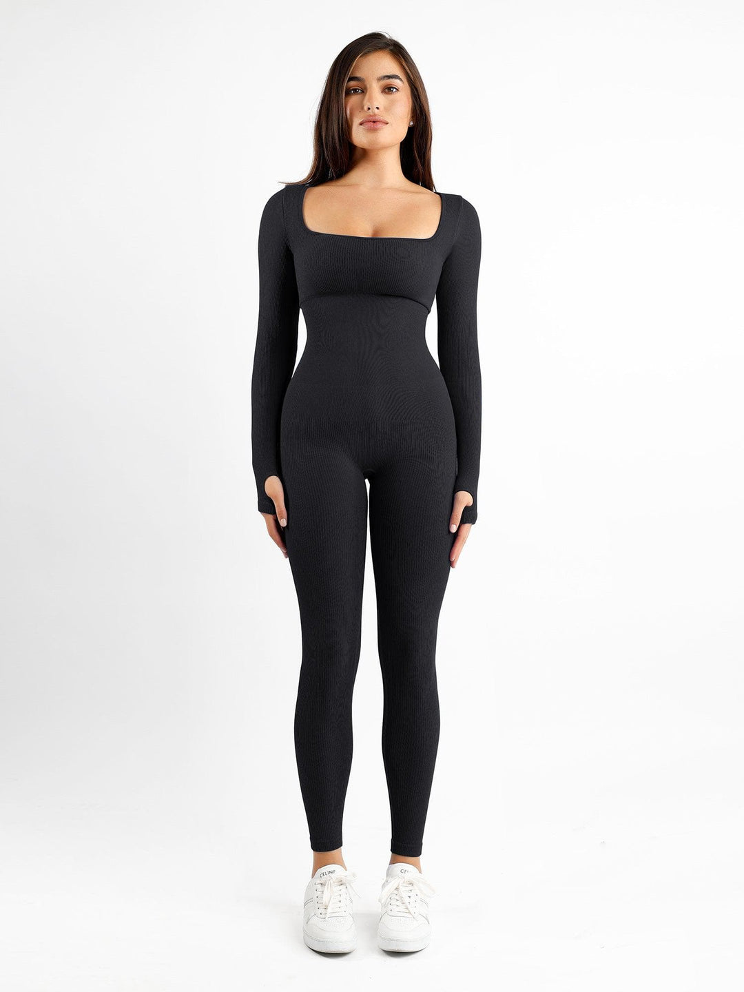 Popilush? Yoga Activewear Jumpsuit Winter Seamless Thumb Hole Square Neck Long Sleeve Jumpsuit