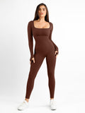 Popilush? Yoga Activewear Jumpsuit Winter Brown / XS Seamless Thumb Hole Square Neck Long Sleeve Jumpsuit