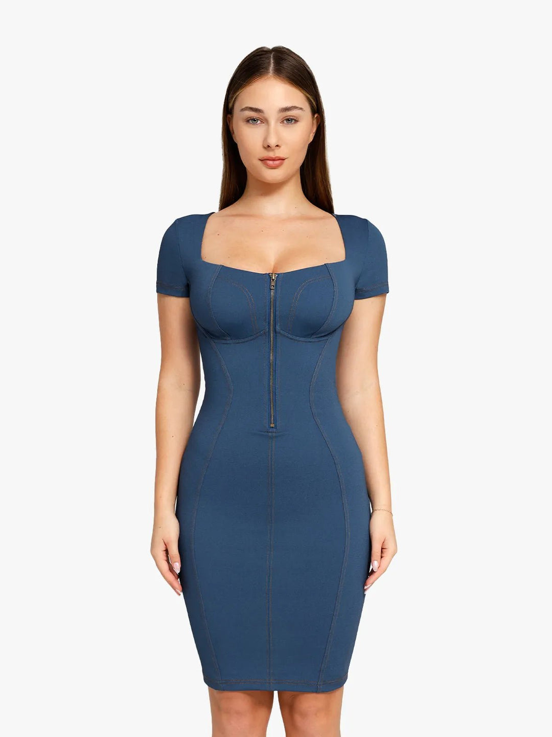 Popilush® Short Sleeve Bodycon Dress Denim Blue / S Shapewear Denim Square Neck Tummy Control Midi Dress